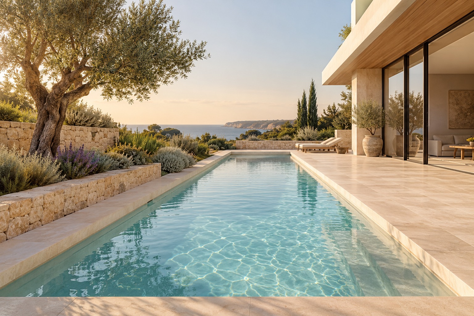 Architectural pool concept with pale aqua water, limestone surrounds and a warm contemporary home